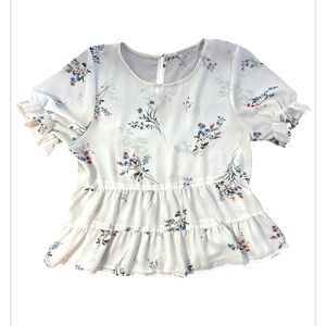 Paper Crane Baby Doll white Floral Print Chiffon Tiered Ruffle Hem Top size M